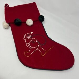Vintage Red Christmas Stocking Santa Applique Felt Pom Pom Trim Holiday Decor